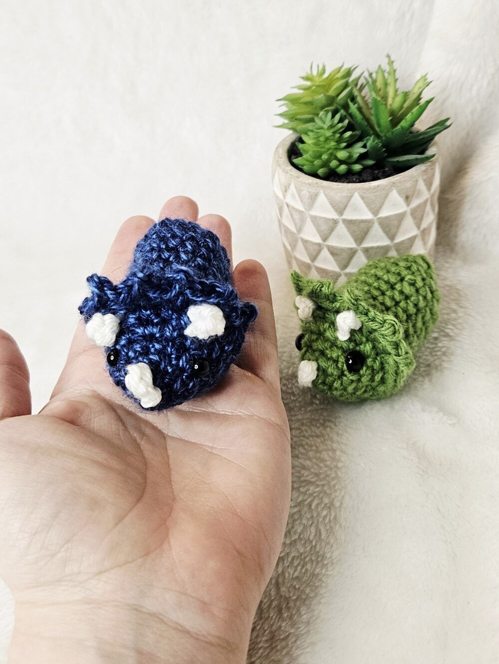 Mini Handmade Crochet Triceratops Plushie - Pocket Dino - Picture 2 of 4